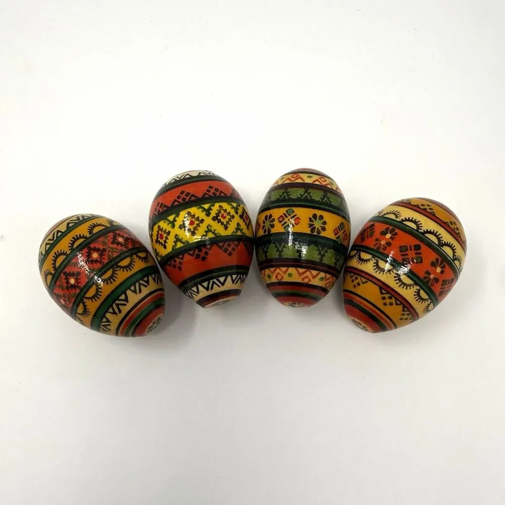 Set of 4 Hand Painted Wood Easter Decorative Eggs, Multicolor Geometric